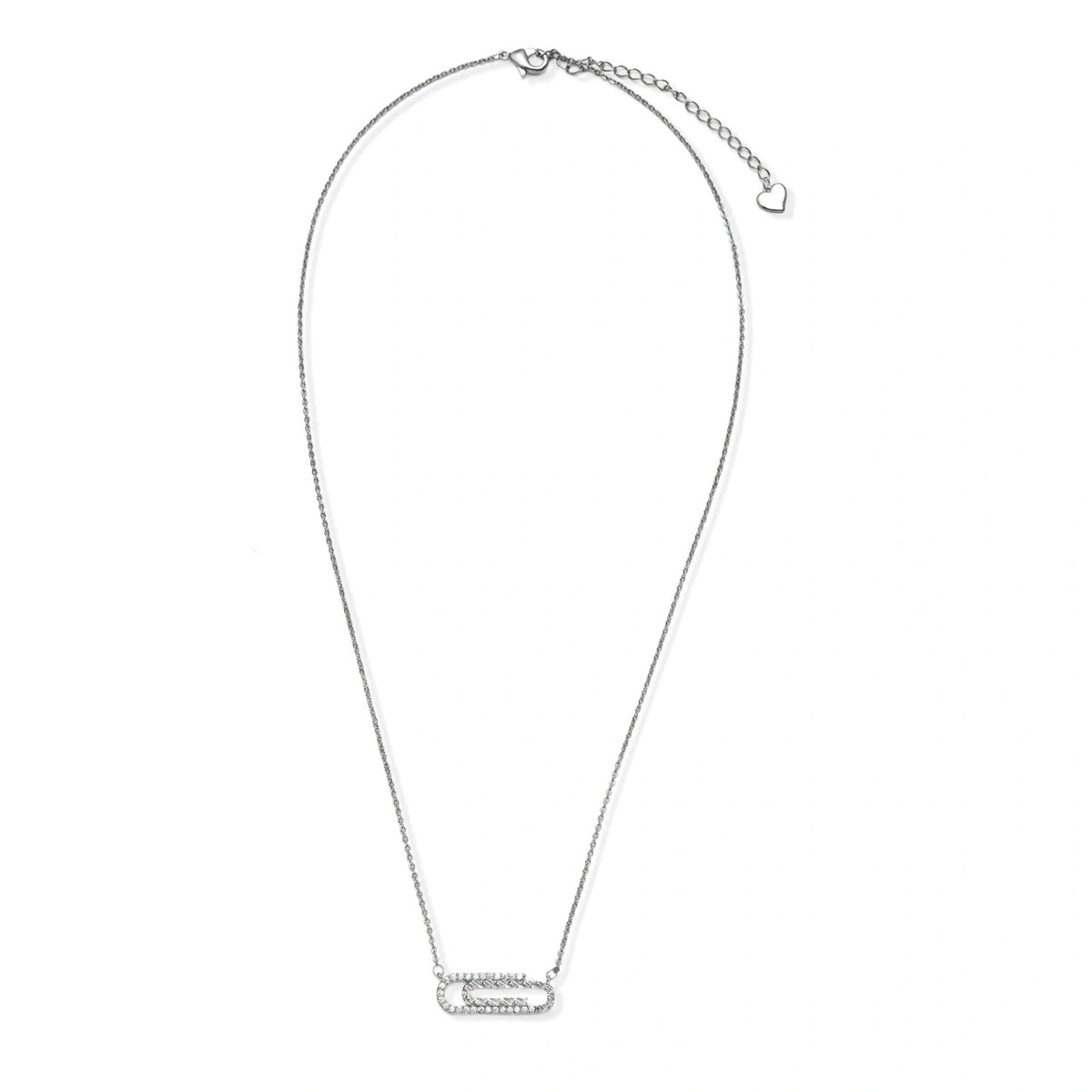 White gold plated necklace with dual-frame geometric pendant featuring crystal pavé border on pale background.