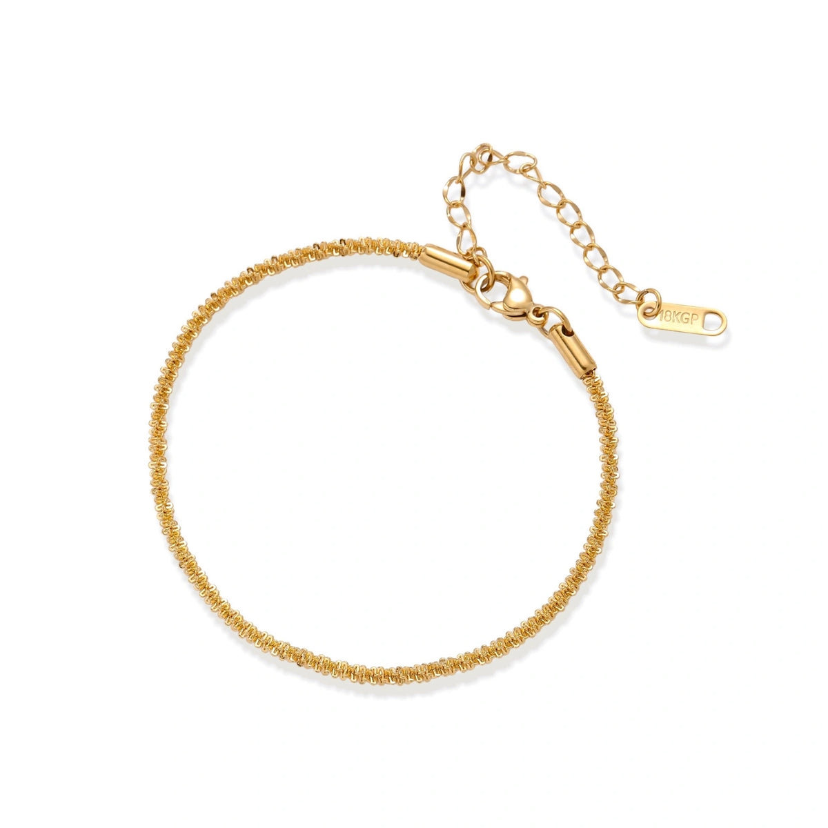 Delicate 18K gold-plated stainless steel bracelet with textured beaded chain on cream background