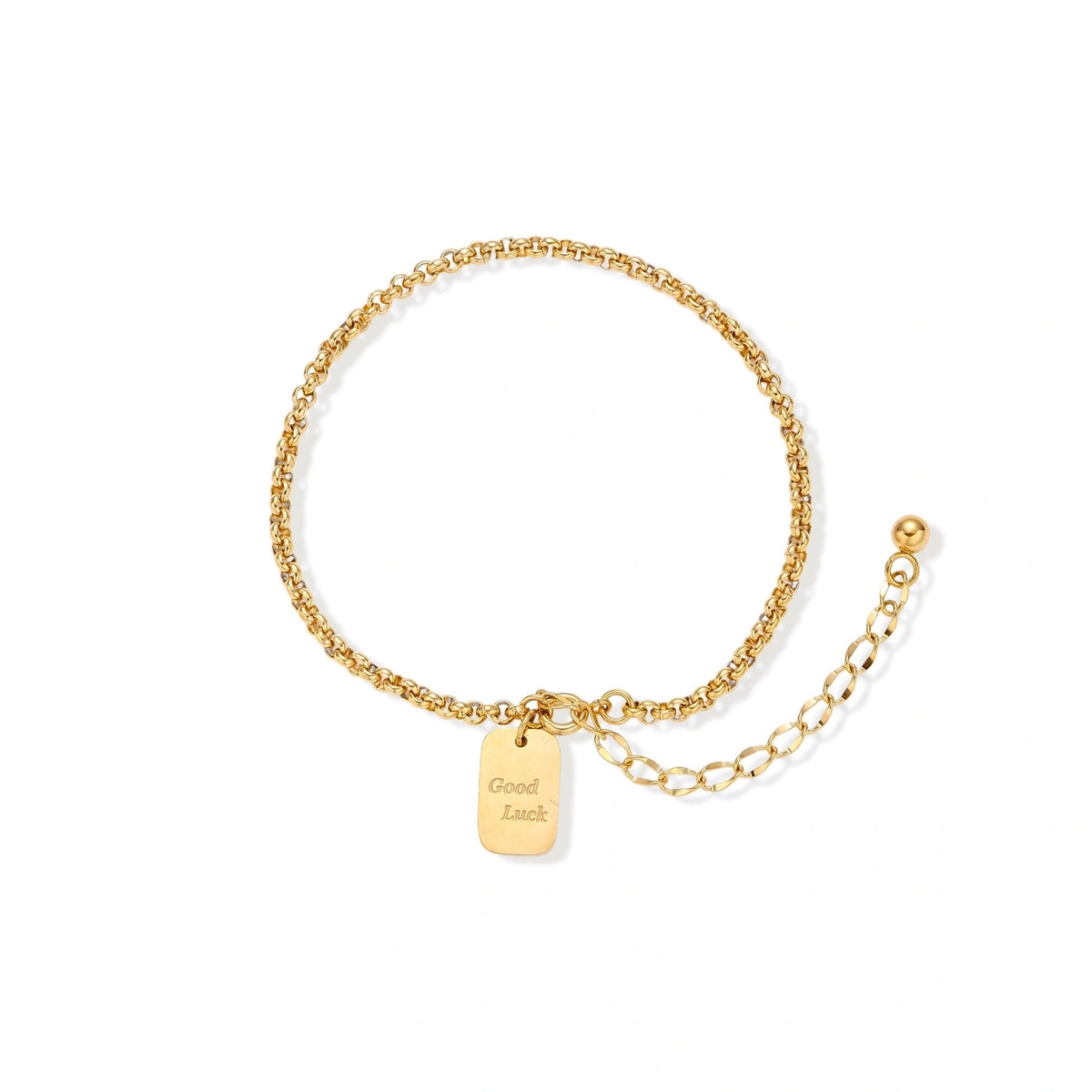 Delicate 18K gold-plated chain bracelet with Good Luck engraved rectangular pendant on cream background