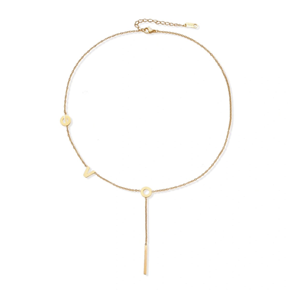 Gold Y-shaped necklace with L-O-V-E letter charms and vertical bar pendant on delicate chain against cream background