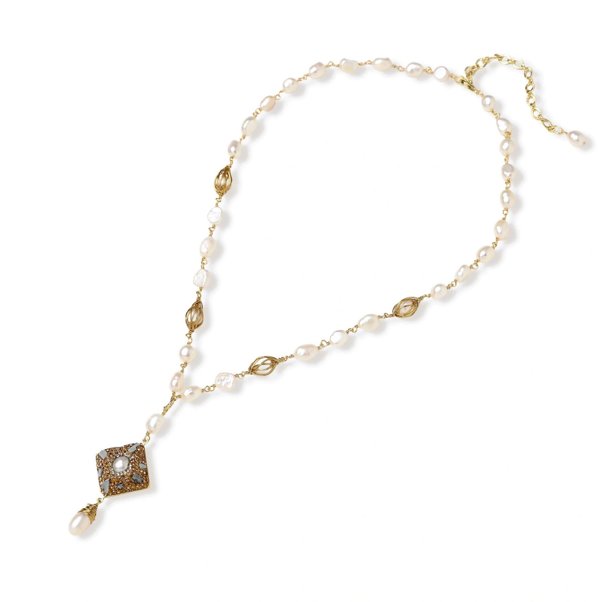Y-shaped necklace with freshwater pearls, gold filigree stations, and ornate diamond-shaped centerpiece with pearl drop