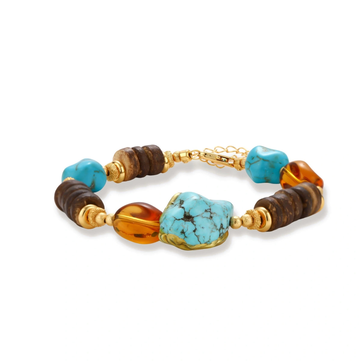 Mixed-material bracelet with turquoise stones, wooden beads, and 18k gold-plated copper elements on white background.