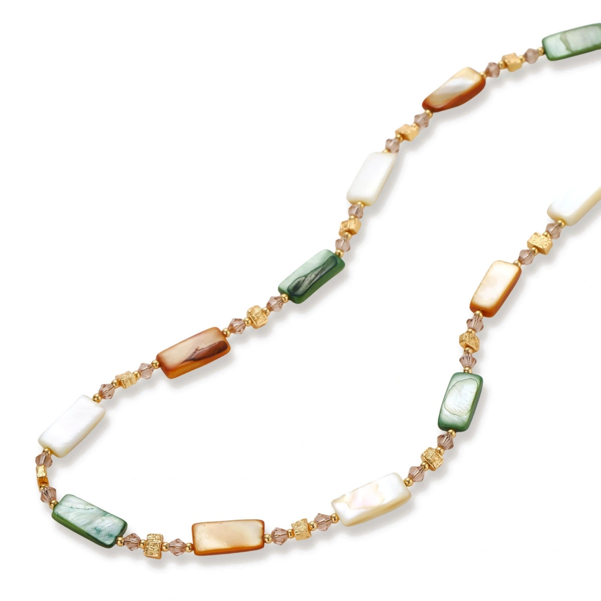 Adjustable gold-plated necklace with natural shell beads in green, amber, and cream tones on neutral background.