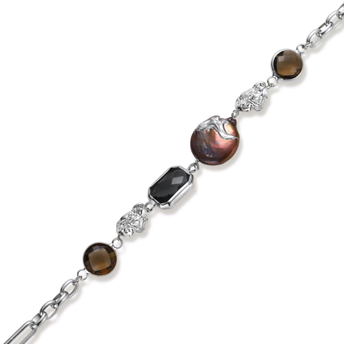 Chain bracelet with amber stones, baroque pearl, and dark rectangular stone on white gold-plated copper base.