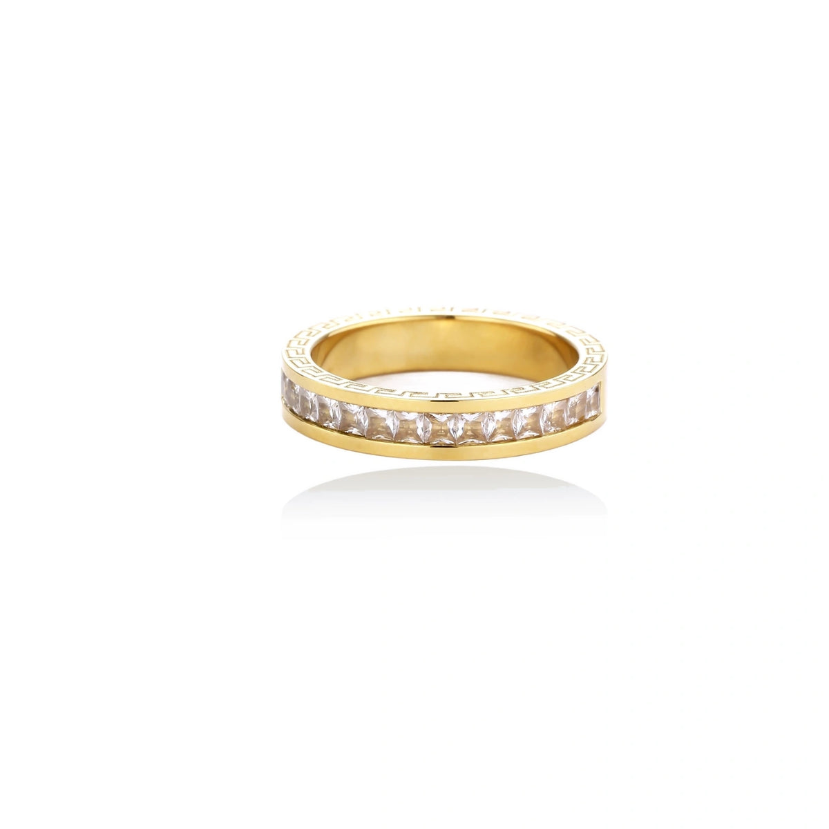 14K gold-plated band with channel-set zirconia and Greek key pattern engraving on polished finish