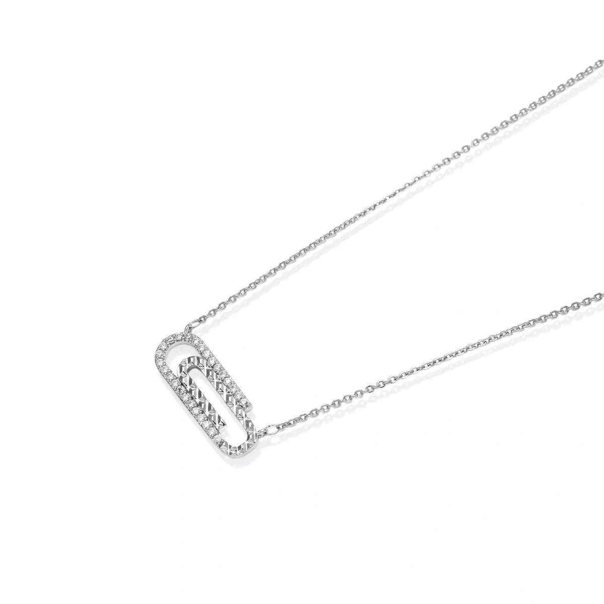 White gold plated necklace with dual-frame geometric pendant featuring crystal pavé border on pale background.