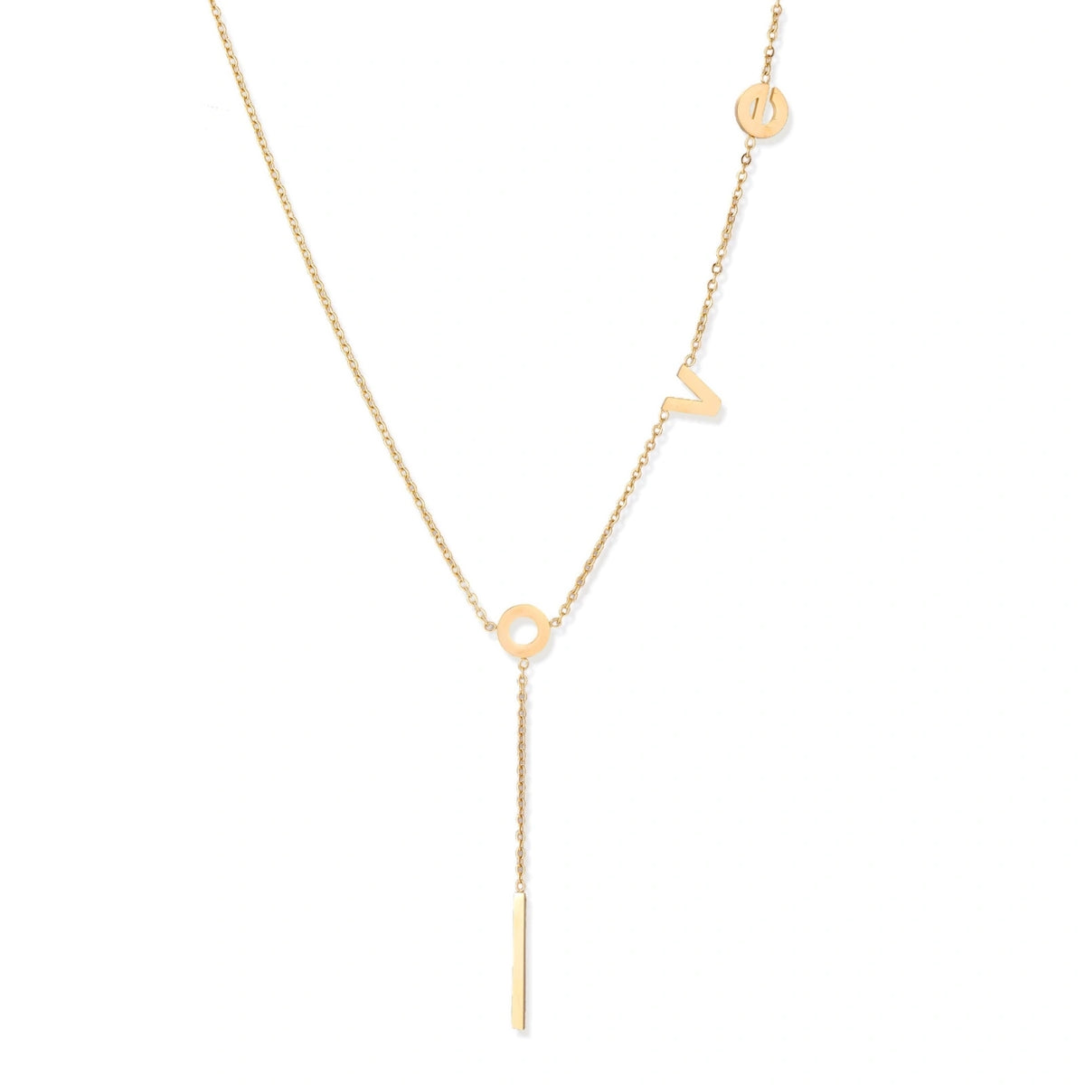 Gold Y-shaped necklace with L-O-V-E letter charms and vertical bar pendant on delicate chain against cream background