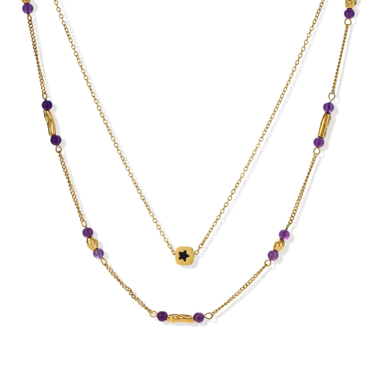 Two layered gold-tone necklaces with purple stone beads and star pendant against cream background.