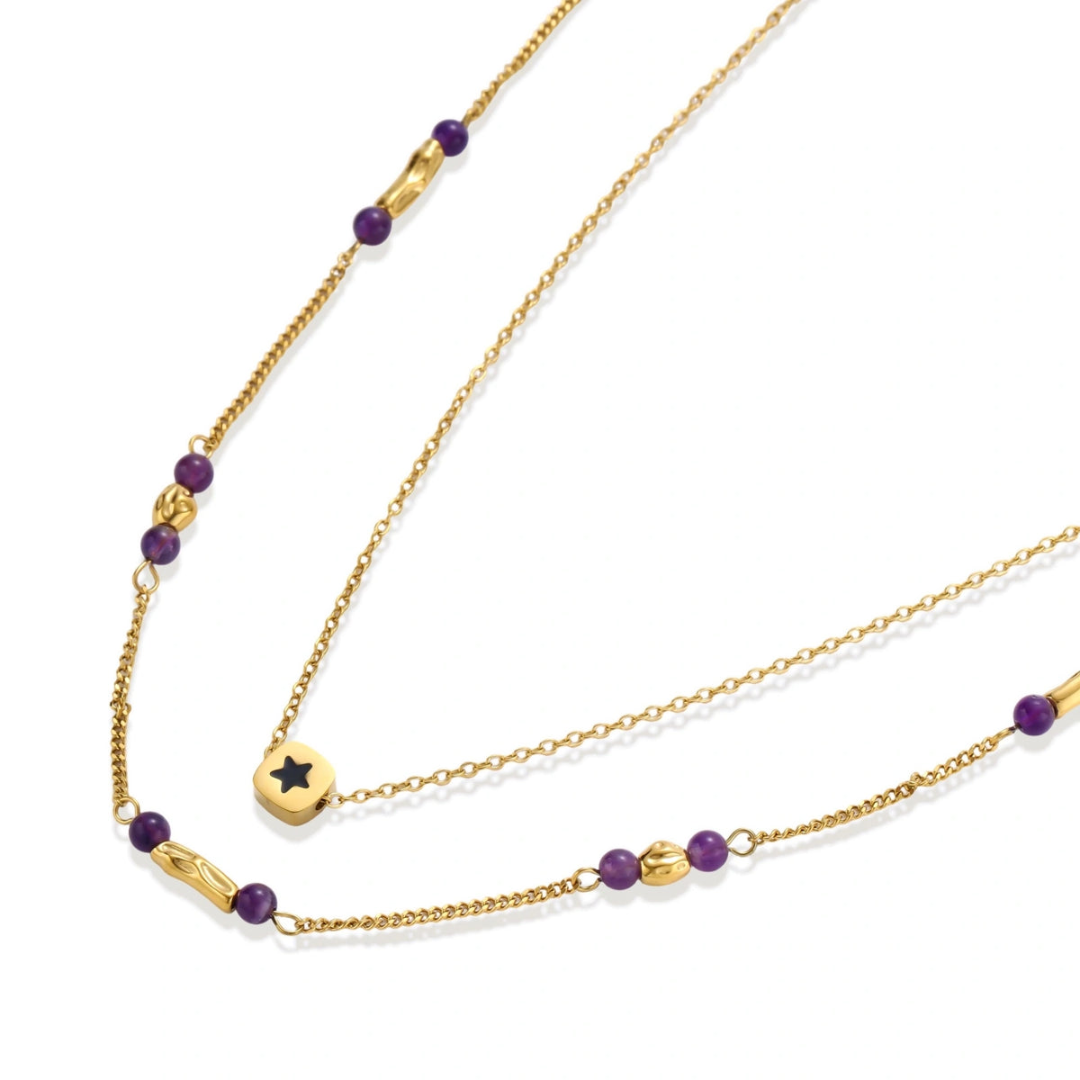 Two layered gold-tone necklaces with purple stone beads and star pendant against cream background.