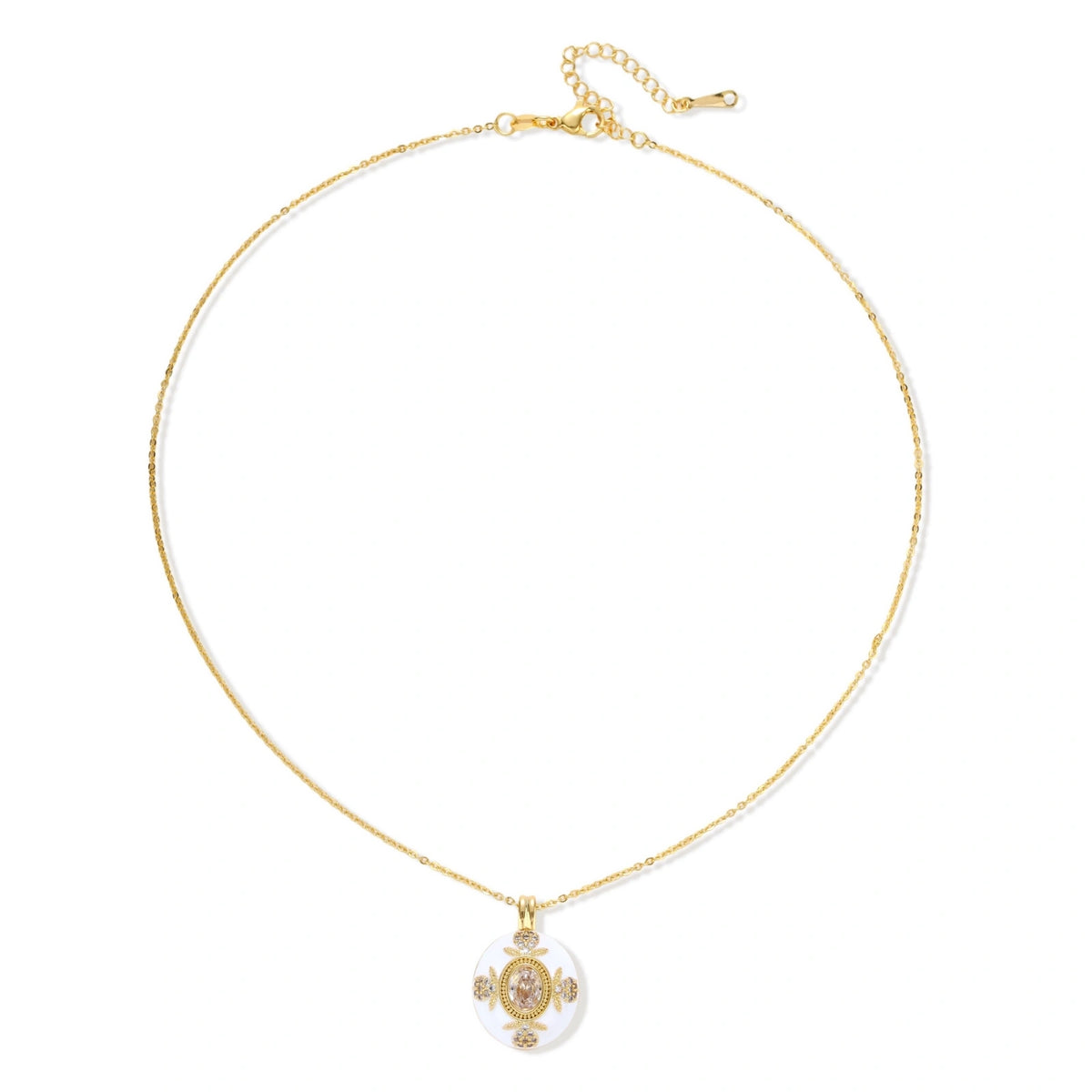 Gold-plated necklace with circular white enamel pendant featuring central zirconia stone and ornate decorative details