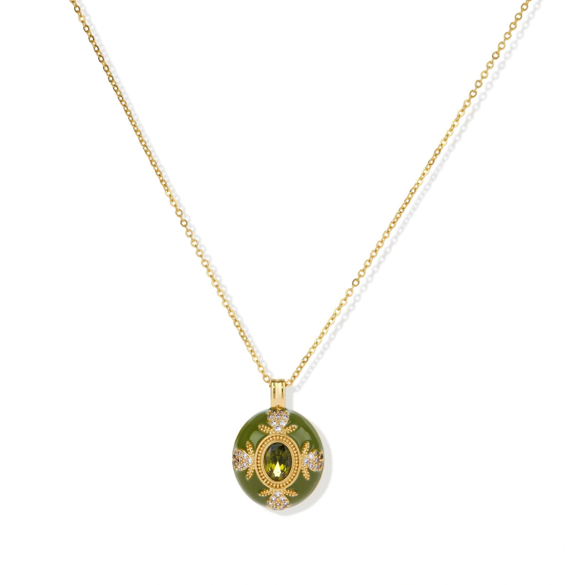 Gold-plated pendant necklace with green enamel background and oval olive cubic zirconia center stone with crystal accents.