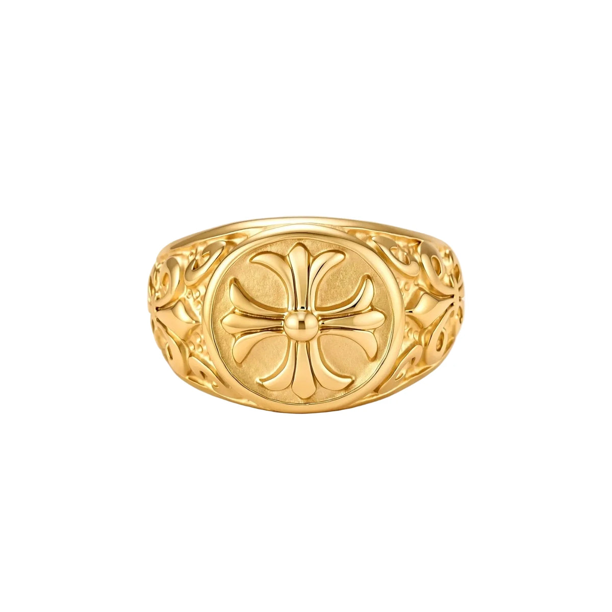 18K gold-plated stainless steel signet ring with ornate cross face and carved filigree scroll band, shown from three angles.