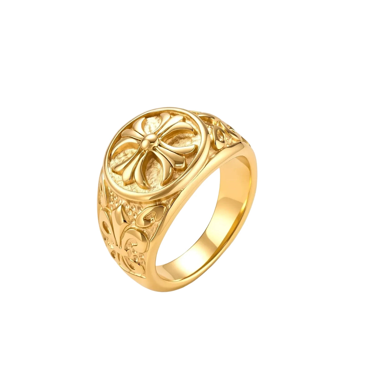 18K gold-plated stainless steel signet ring with ornate cross face and carved filigree scroll band, shown from three angles.