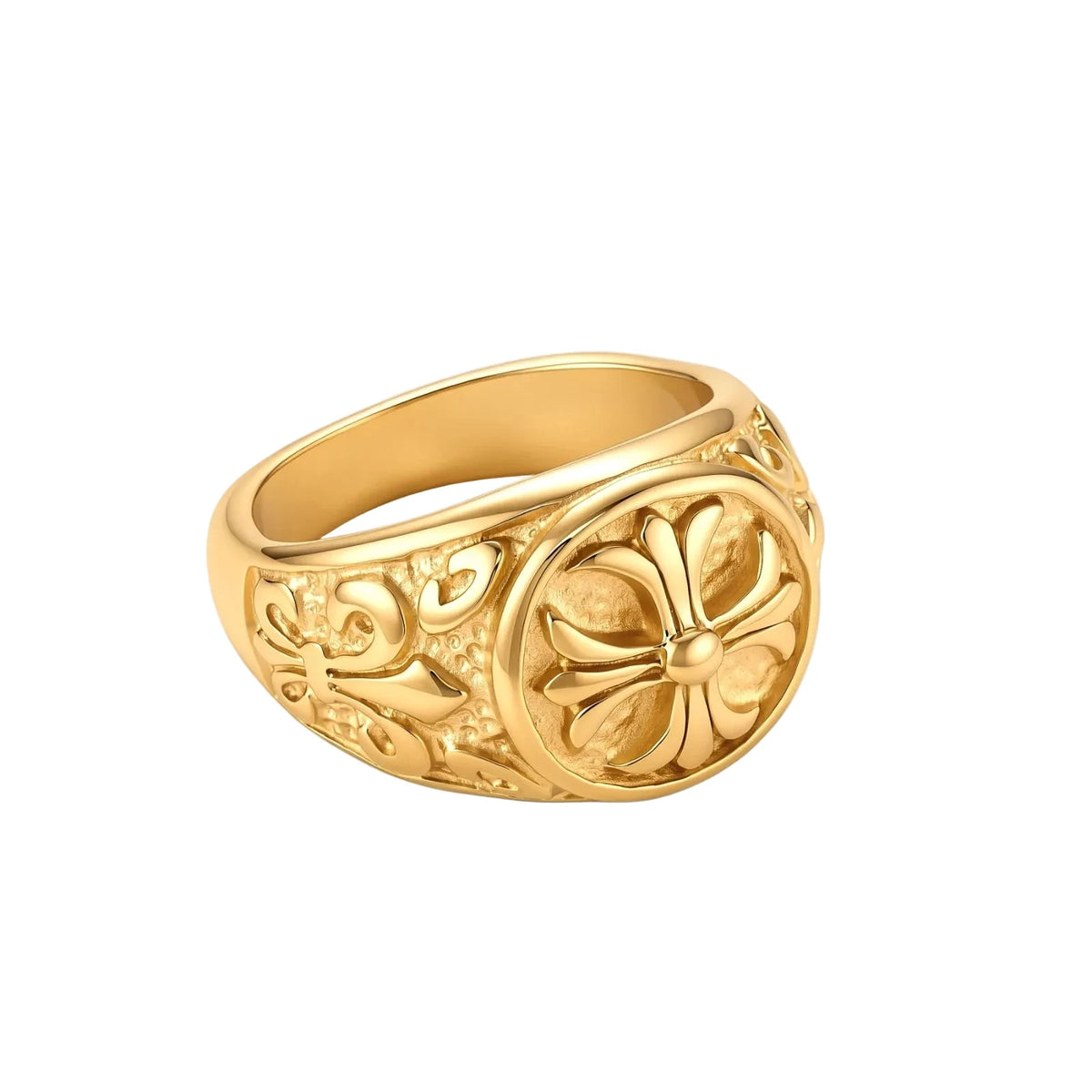 18K gold-plated stainless steel signet ring with ornate cross face and carved filigree scroll band, shown from three angles.