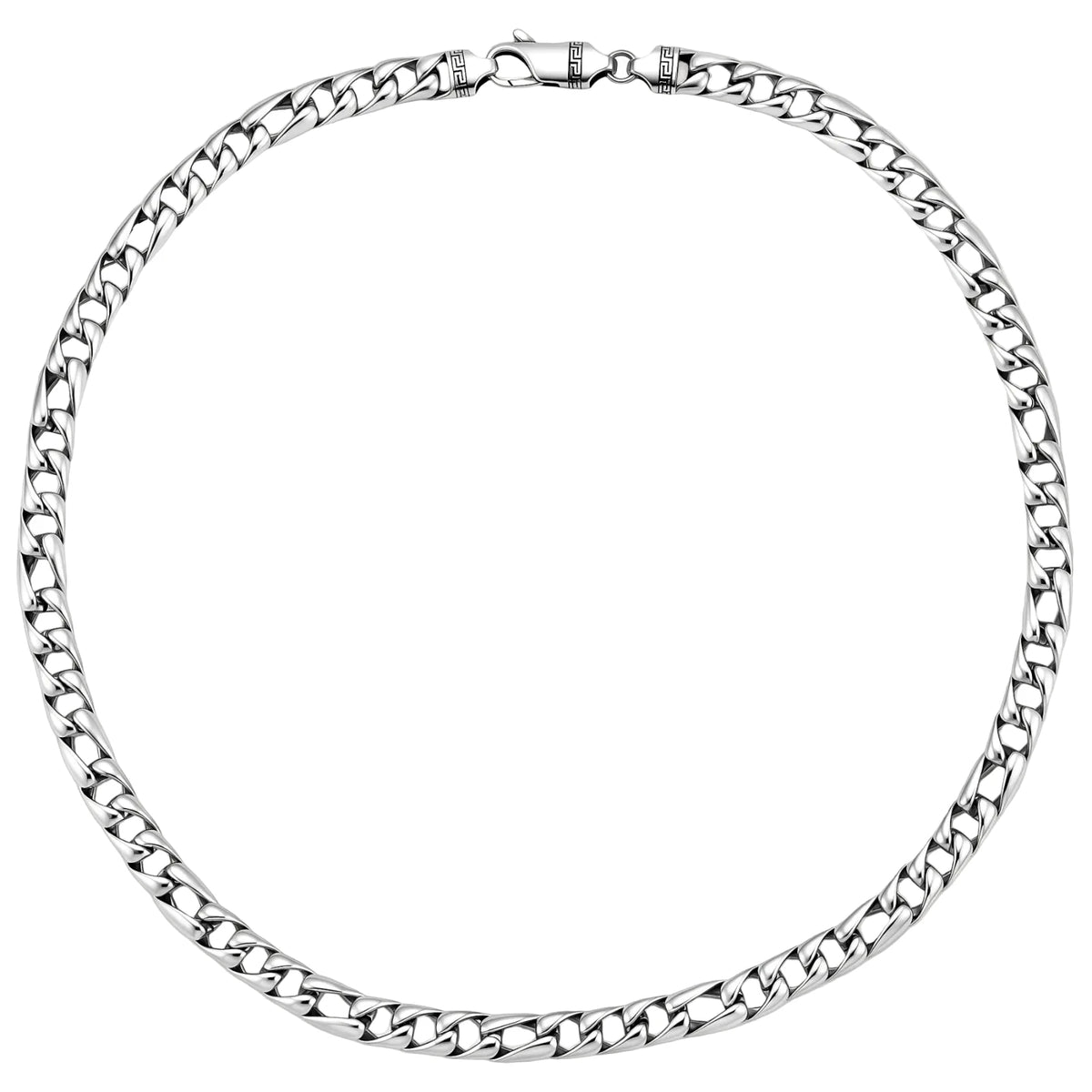 Polished 316L stainless steel Cuban link chain necklace, 9.6mm wide, with Greek key lobster clasp, silver tone.