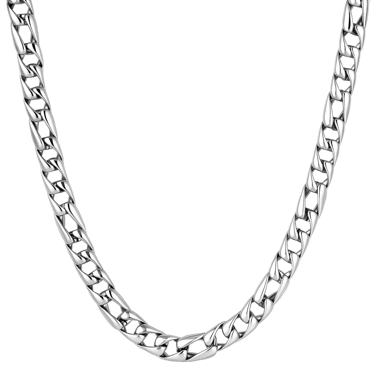 Polished 316L stainless steel Cuban link chain necklace, 9.6mm wide, with Greek key lobster clasp, silver tone.