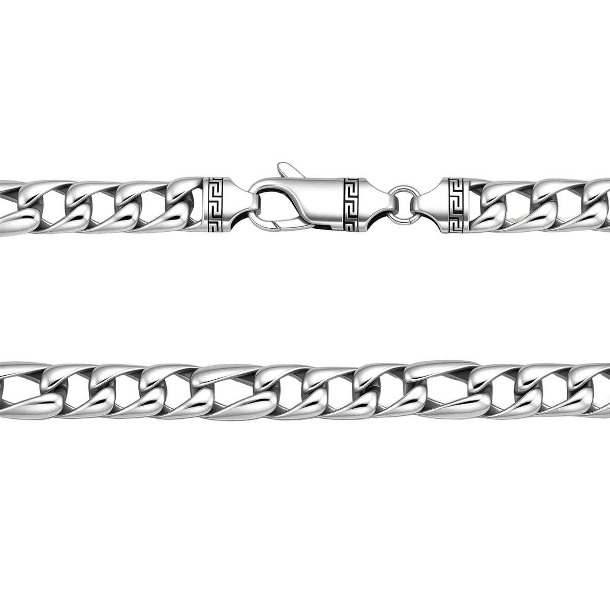 Polished 316L stainless steel Cuban link chain necklace, 9.6mm wide, with Greek key lobster clasp, silver tone.
