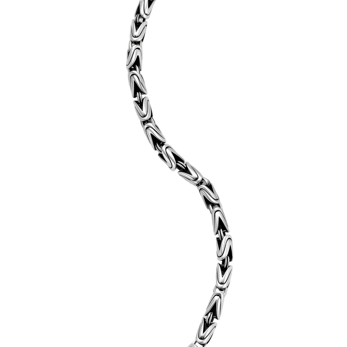 Men's antique silver Byzantine chain necklace, 6.2mm wide interlocking S-link pattern with ornate lobster clasp, 560mm length.