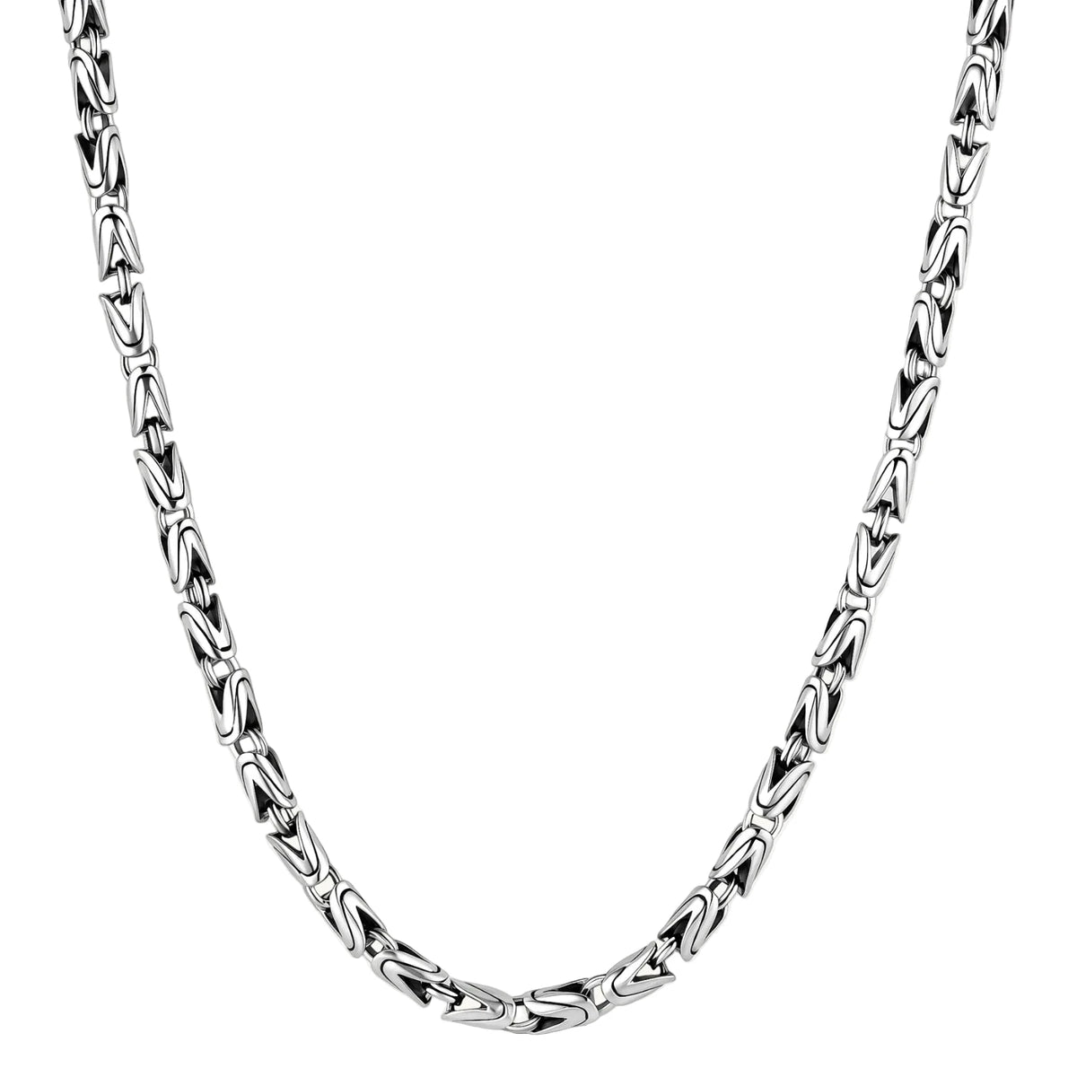 Men's antique silver Byzantine chain necklace, 6.2mm wide interlocking S-link pattern with ornate lobster clasp, 560mm length.