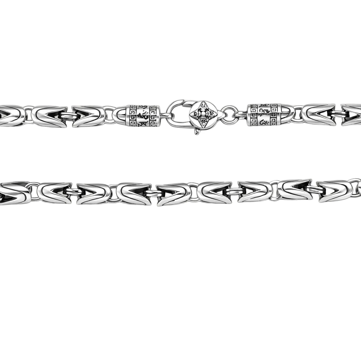 Men's antique silver Byzantine chain necklace, 6.2mm wide interlocking S-link pattern with ornate lobster clasp, 560mm length.