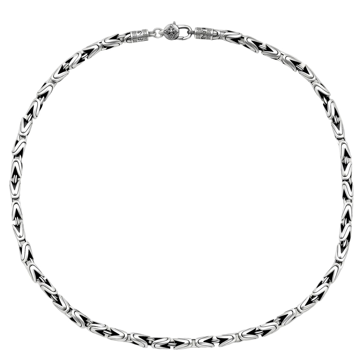 Men's antique silver Byzantine chain necklace, 6.2mm wide interlocking S-link pattern with ornate lobster clasp, 560mm length.