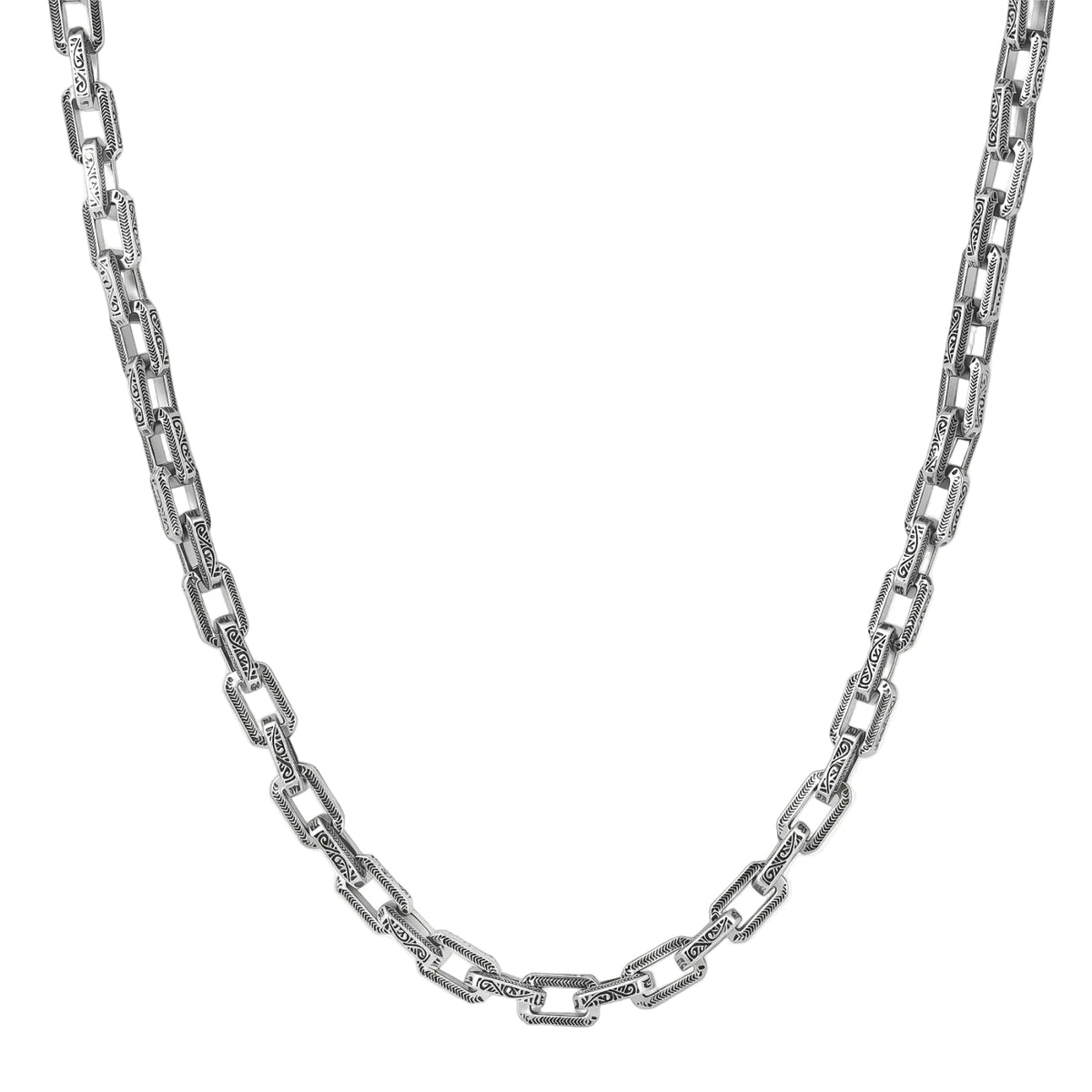 Silver 316L stainless steel rectangular link chain necklace with intricate scroll engravings, 560mm length, 7.1mm width.