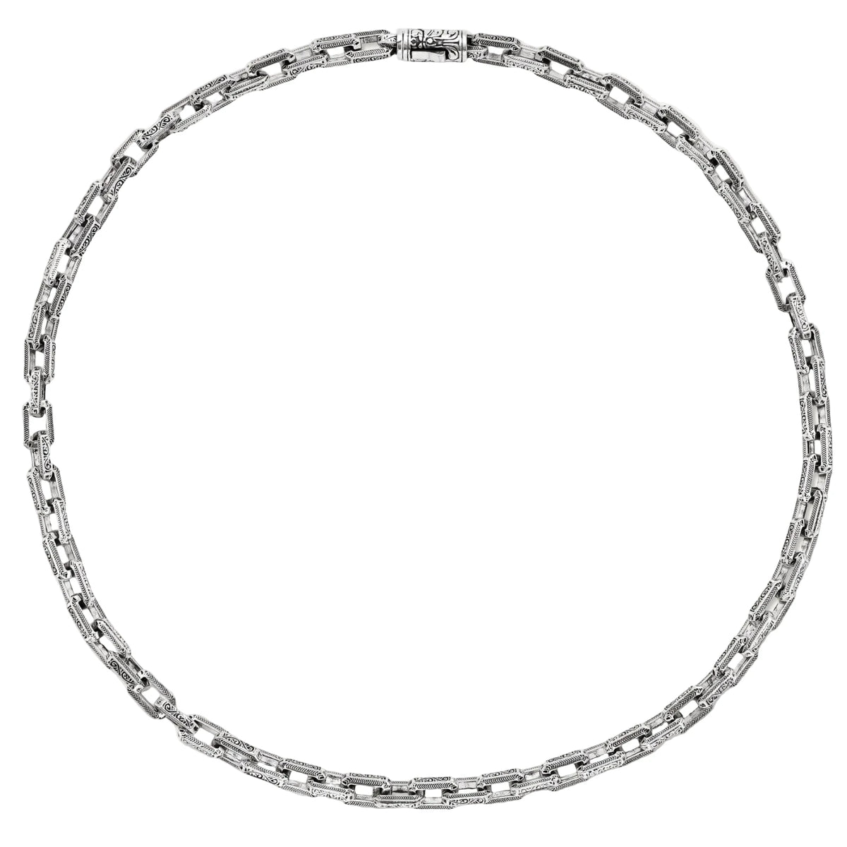 Silver 316L stainless steel rectangular link chain necklace with intricate scroll engravings, 560mm length, 7.1mm width.