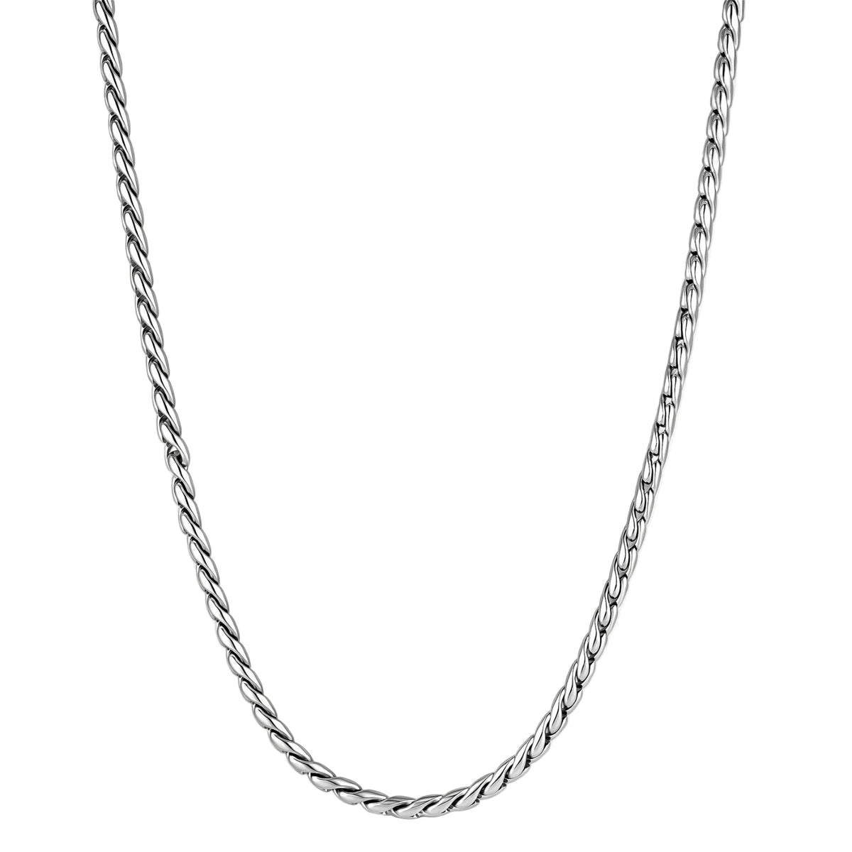 Men's 316L stainless steel twisted rope chain necklace, 560mm length, 3.9mm width, silver tone, screw clasp.