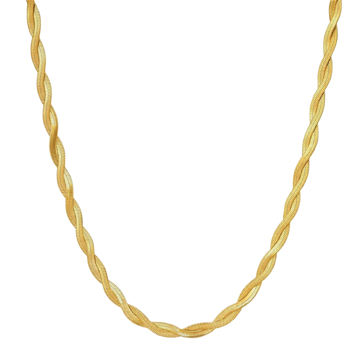18K gold-plated twisted double herringbone snake chain necklace with lobster clasp and extender on white background.