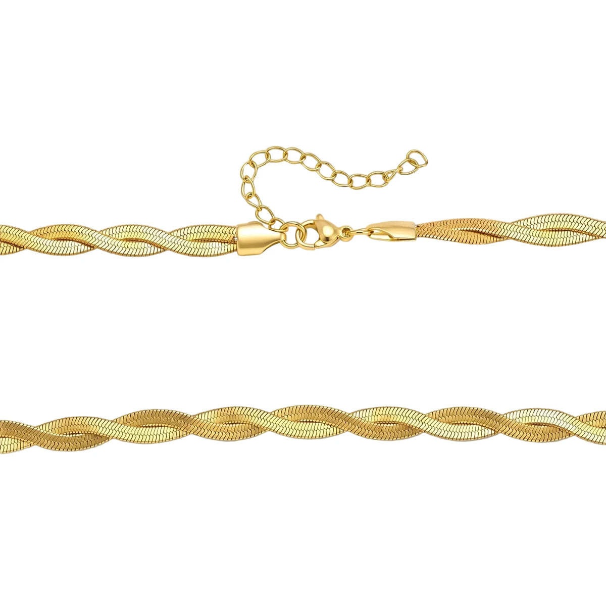 18K gold-plated twisted double herringbone snake chain necklace with lobster clasp and extender on white background.