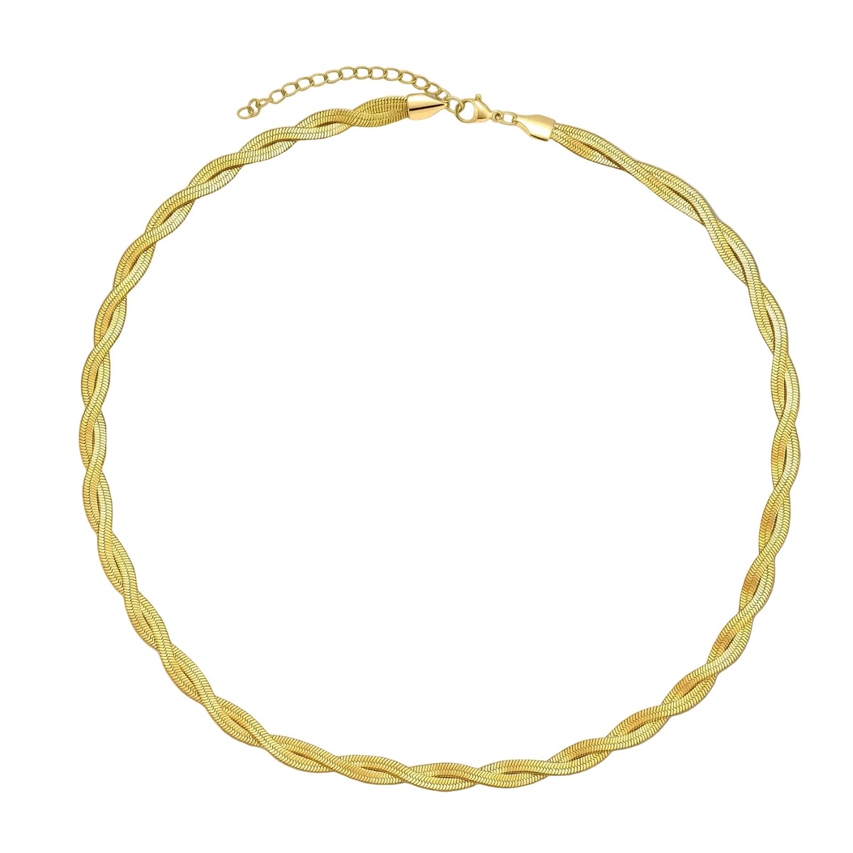 18K gold-plated twisted double herringbone snake chain necklace with lobster clasp and extender on white background.