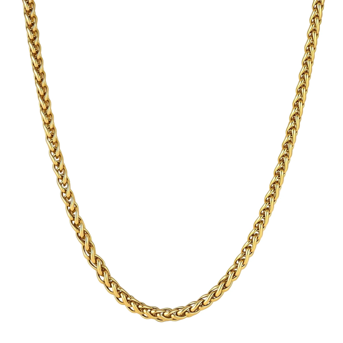 18K gold-plated stainless steel wheat chain necklace, 4.2mm wide, with lobster clasp, on off-white background.