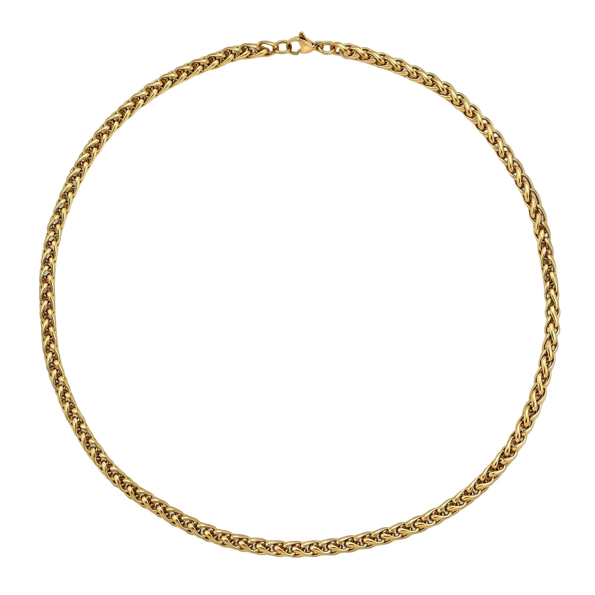 18K gold-plated stainless steel wheat chain necklace, 4.2mm wide, with lobster clasp, on off-white background.
