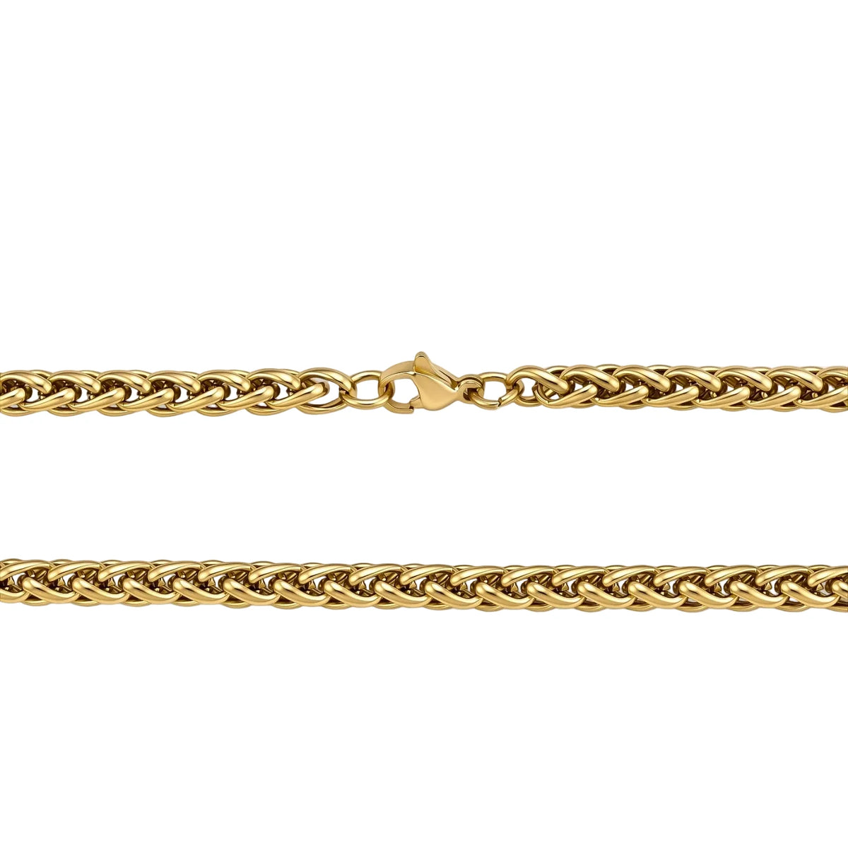 18K gold-plated stainless steel wheat chain necklace, 4.2mm wide, with lobster clasp, on off-white background.