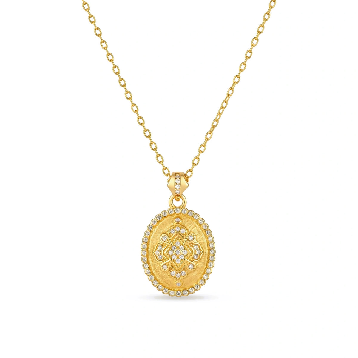 Oval gold coin pendant with pave CZ mandala motif and beaded border on an 18K gold-plated cable chain.