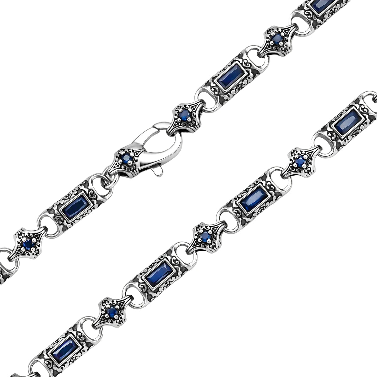 Oxidized silver 316L stainless steel chain necklace with rectangular navy CZ links and ornate gothic connector pieces, 640mm.