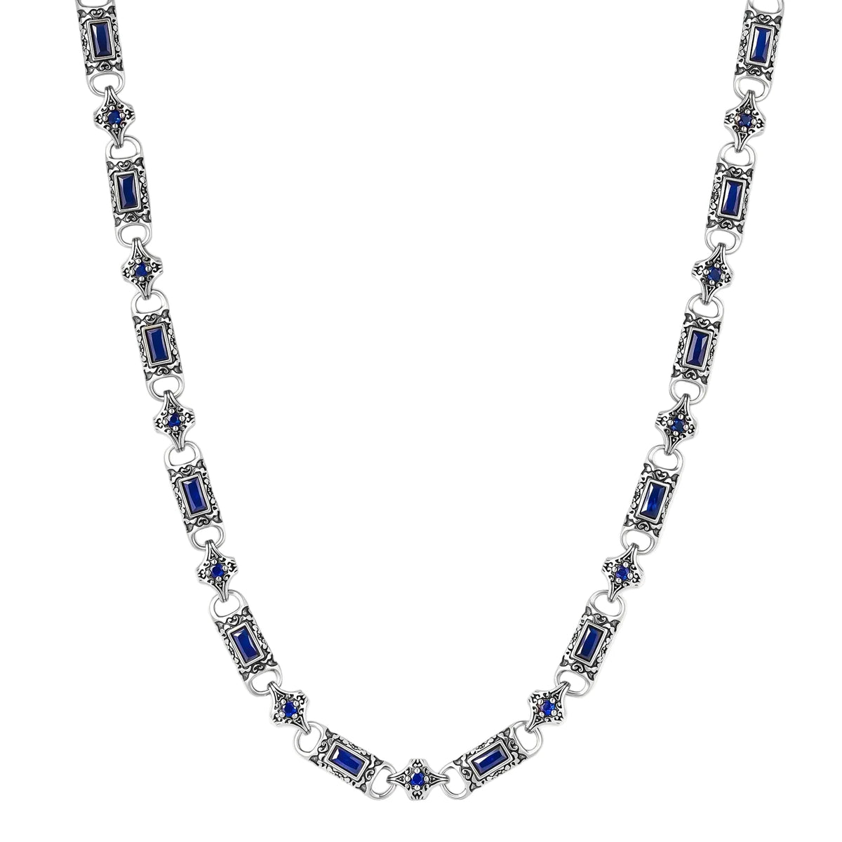 Oxidized silver 316L stainless steel chain necklace with rectangular navy CZ links and ornate gothic connector pieces, 640mm.