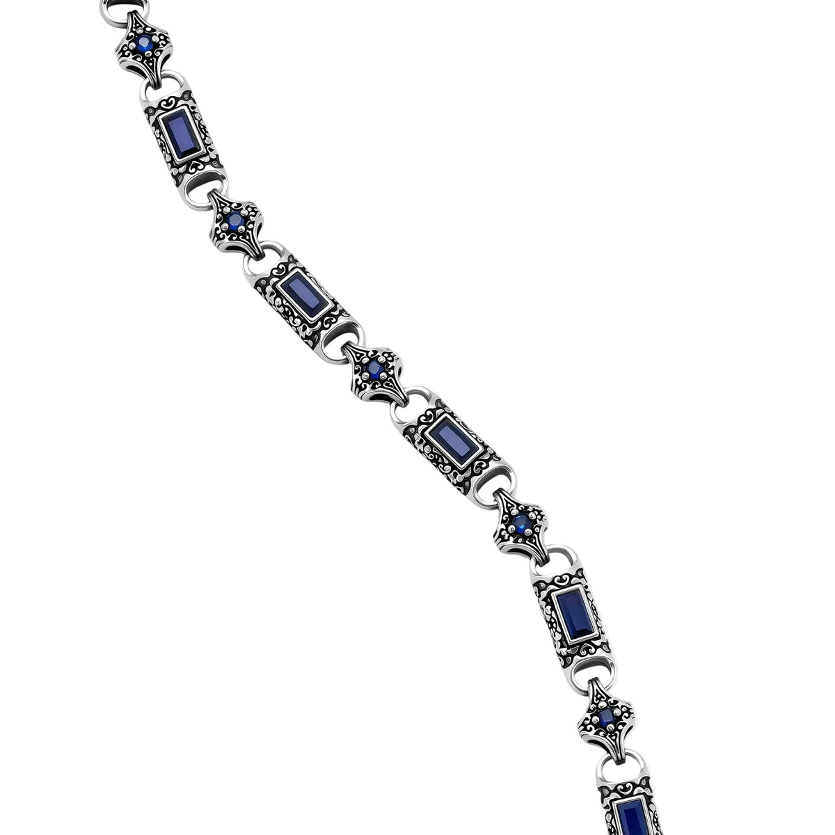 Oxidized silver 316L stainless steel chain necklace with rectangular navy CZ links and ornate gothic connector pieces, 640mm.