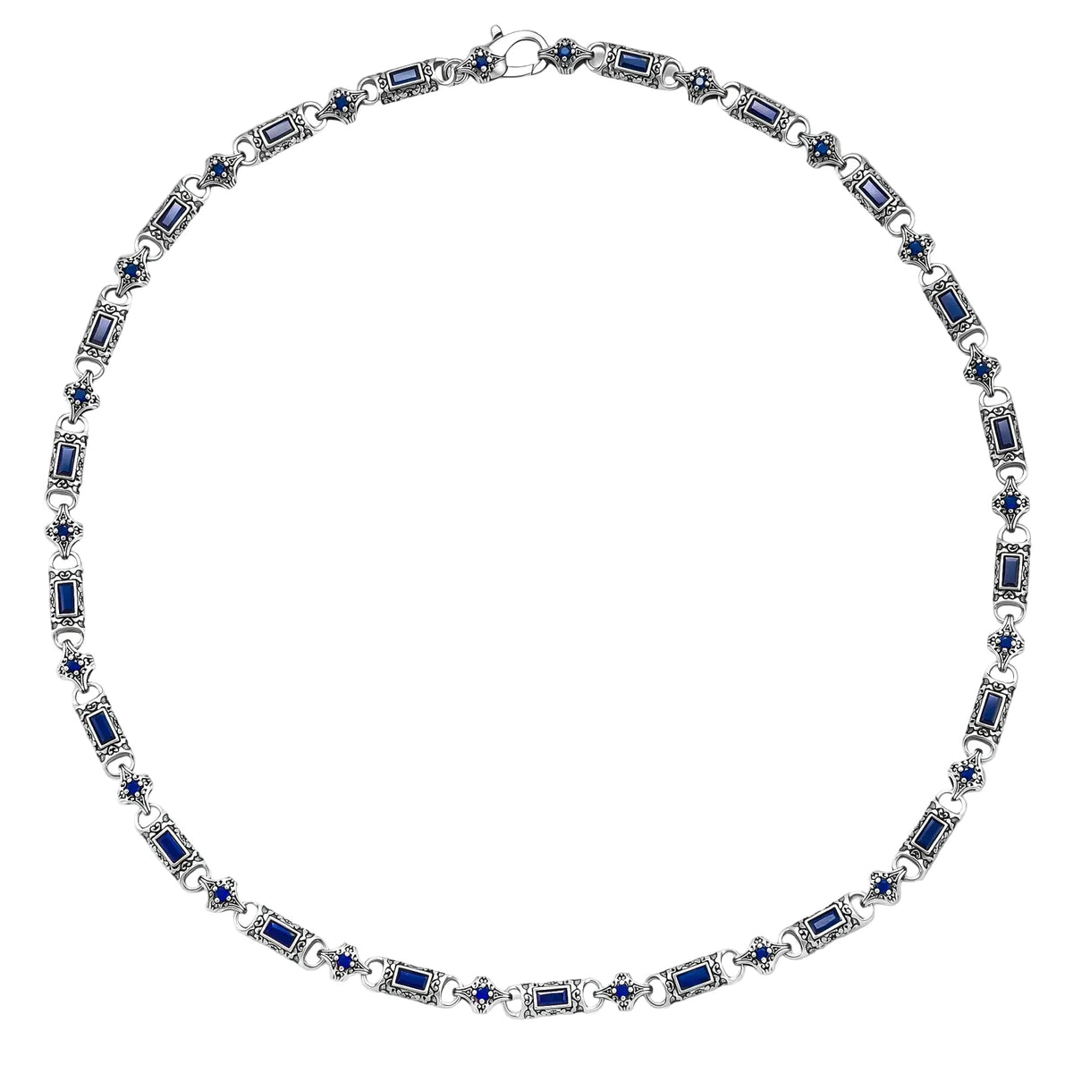 Oxidized silver 316L stainless steel chain necklace with rectangular navy CZ links and ornate gothic connector pieces, 640mm.