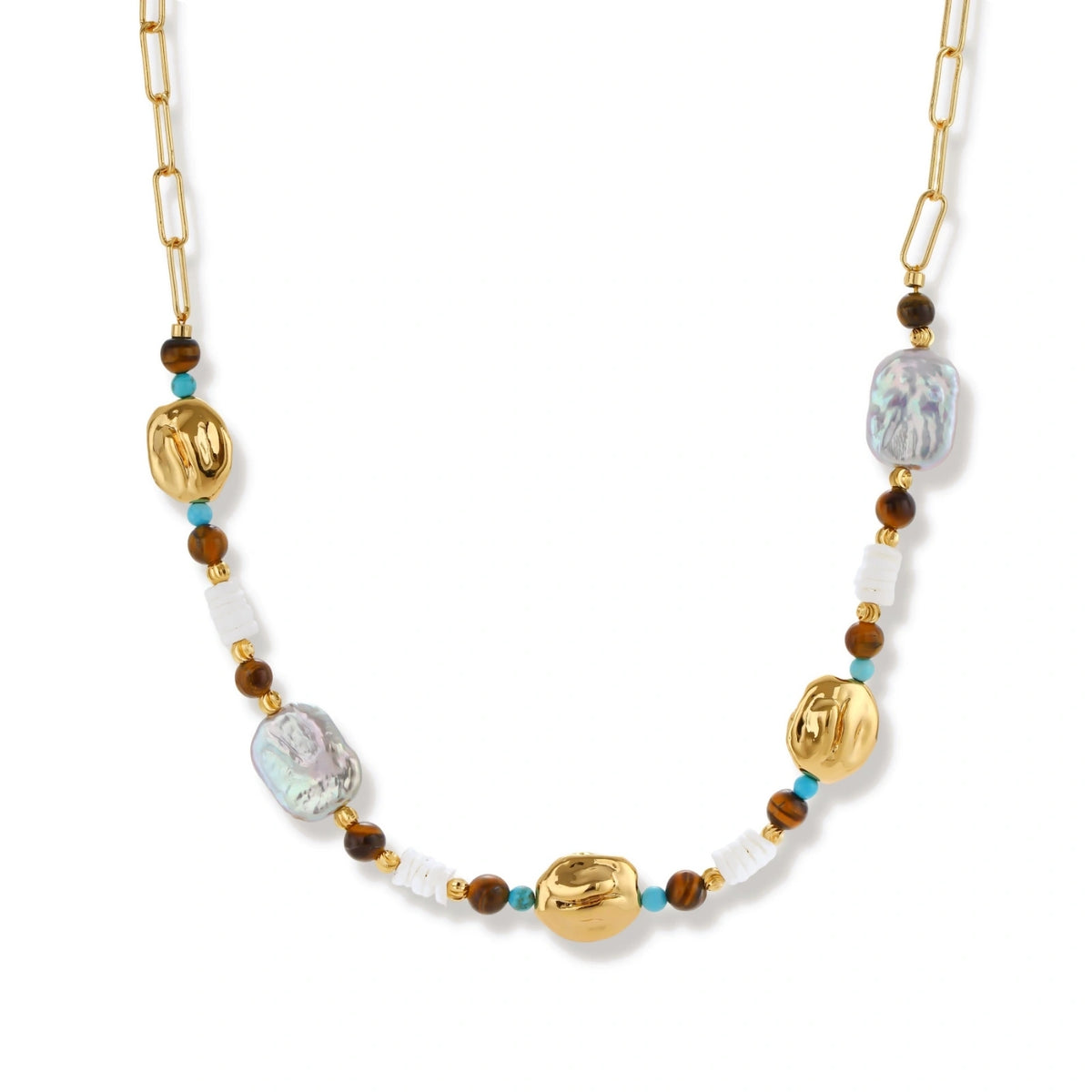 Gold-plated beaded necklace with iridescent baroque pearls, turquoise stones, and brown natural beads on neutral background.