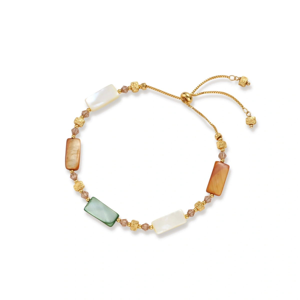 Adjustable gold-plated bracelet featuring rectangular shell beads in green, orange, and white tones on cream background.