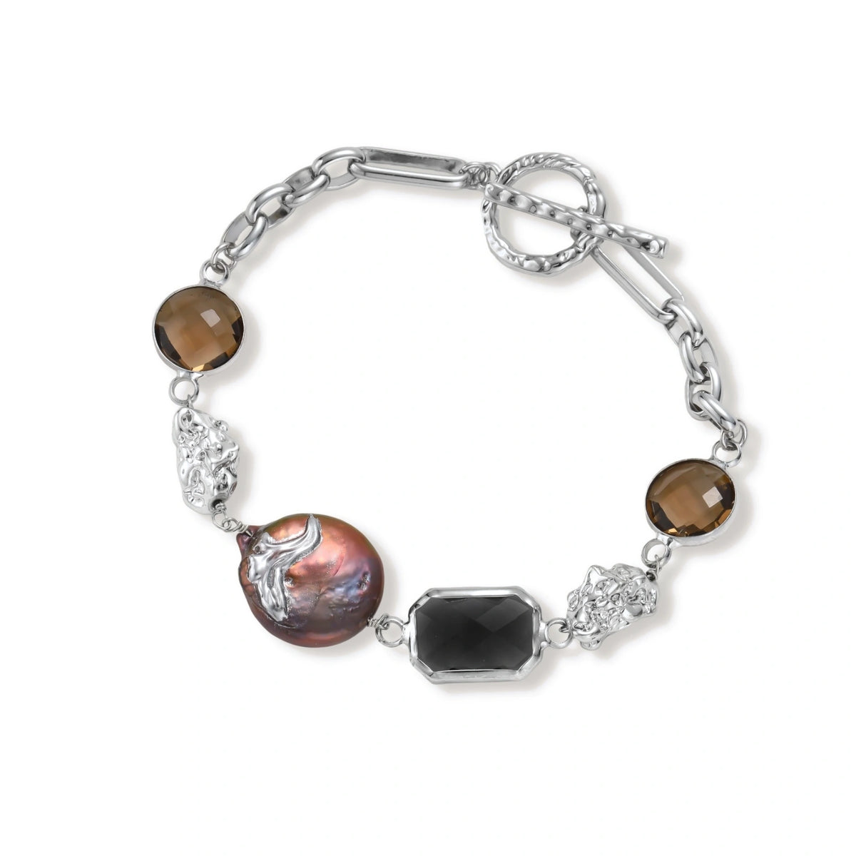 Chain bracelet with amber stones, baroque pearl, and dark rectangular stone on white gold-plated copper base.