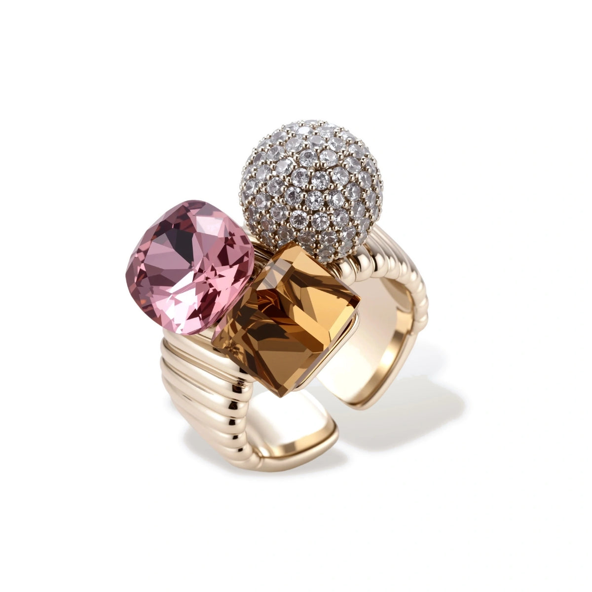 Bold adjustable ring featuring pink crystal, amber square stone, and crystal pavé sphere on coffee gold plated copper band.