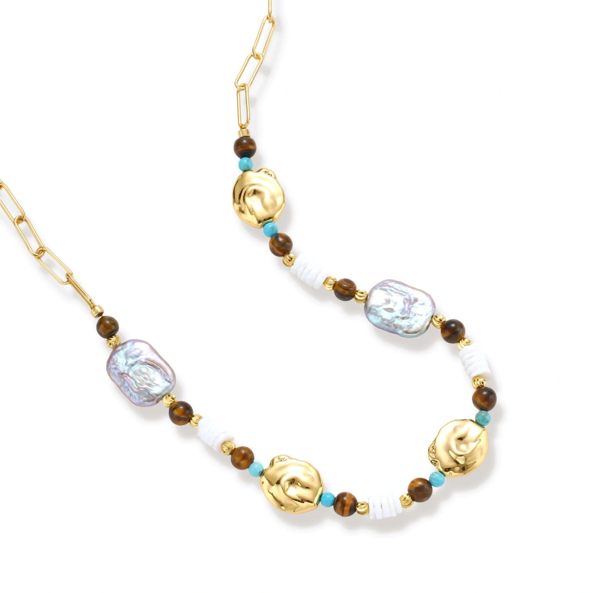 Gold-plated beaded necklace with iridescent baroque pearls, turquoise stones, and brown natural beads on neutral background.