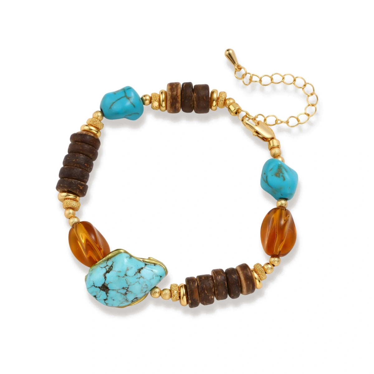 Mixed-material bracelet with turquoise stones, wooden beads, and 18k gold-plated copper elements on white background.